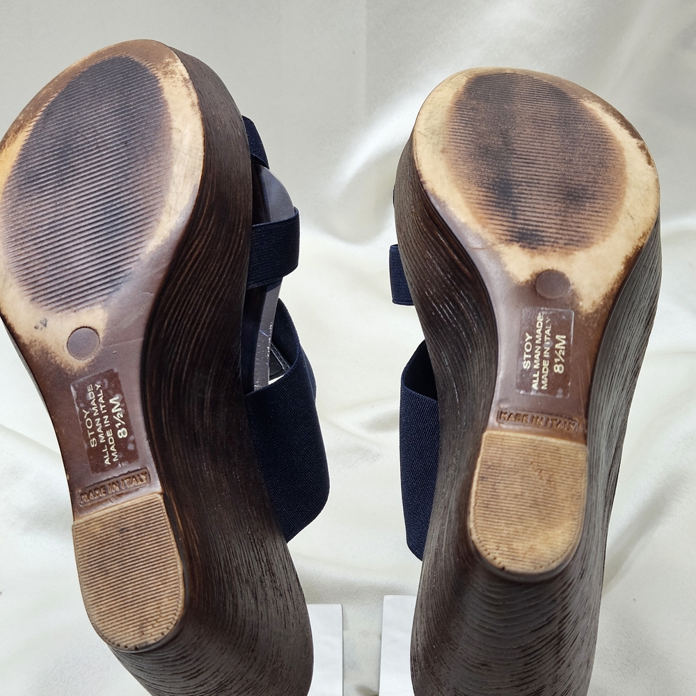Italian shoemakers wedge, Slip On heels Flex Strap sandals sz 8.5 Blue Brown - Picture 4 of 6